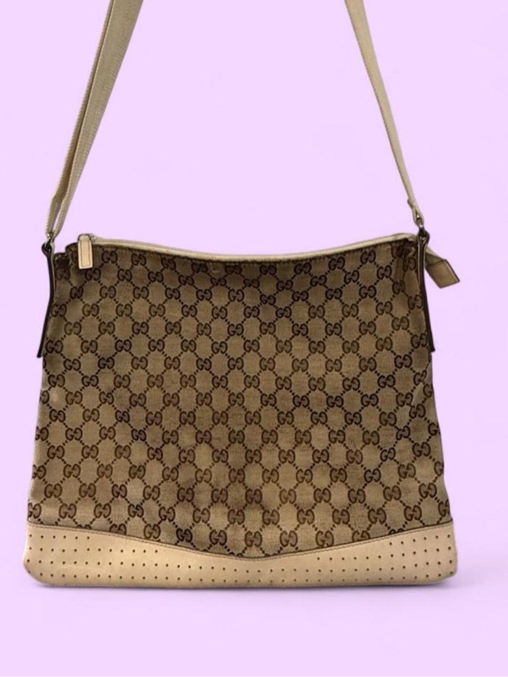 Gucci Brown/Beige Monogram Canvas Shoulder Bag with White Leather Accents